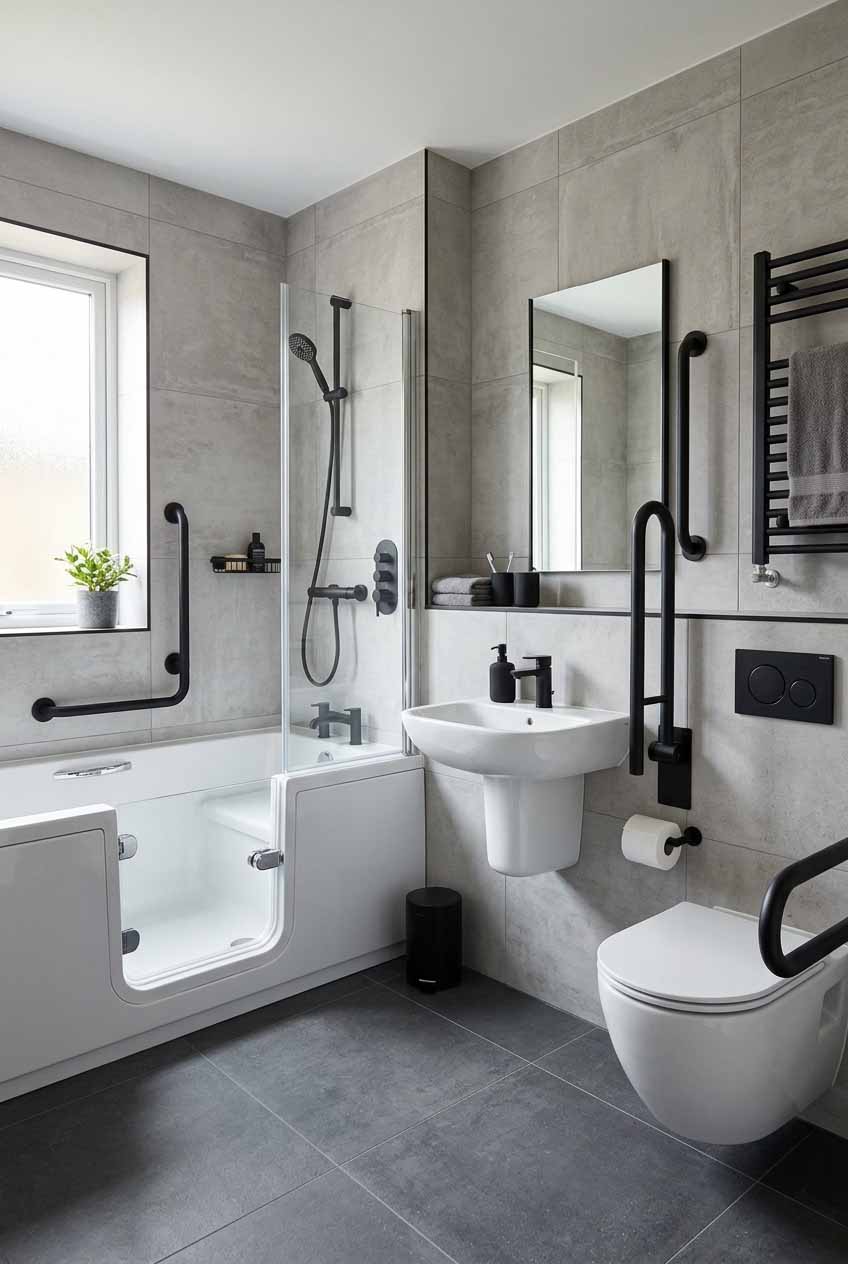 Modern gray bathroom with a glass shower enclosure, black fixtures, a wall-mounted sink, and a wall-hung toilet.