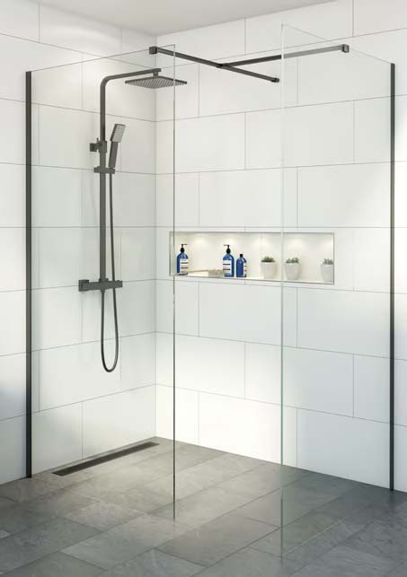 Kingsland wetroom screen with black trim for mobility shower or wetroom