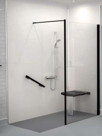 Mobility shower and seat Black low access mobility shower with grab bar and seat
