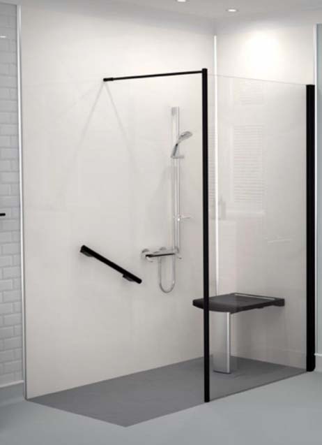 Black low access mobility shower with grab bar and seat