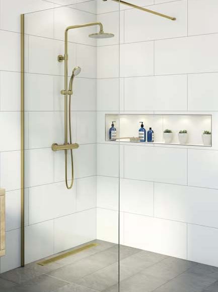 Kingsland wetroom screen in Brass for mobility shower