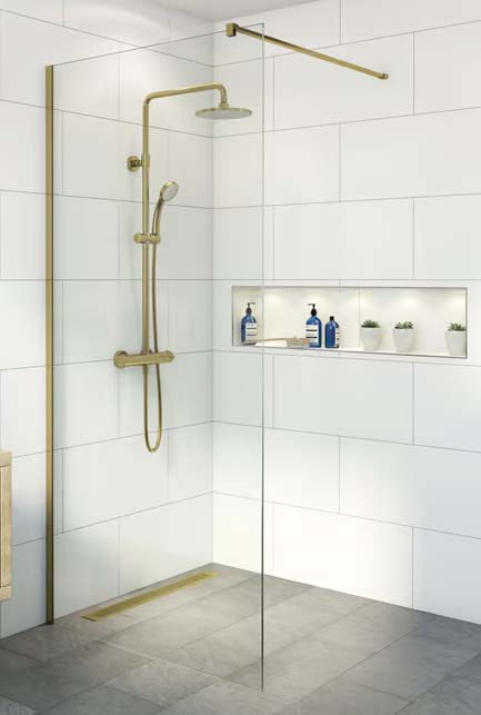 Kingsland wetroom screen in Brass for mobility shower