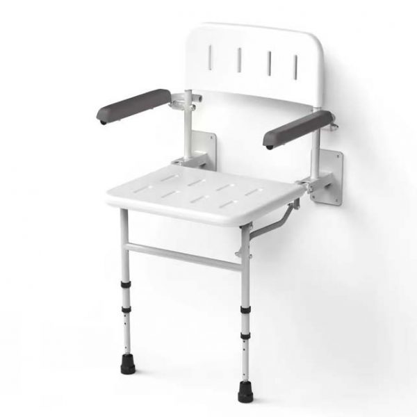 London Wall mounted shower seat with back, arms and adjustable legs