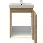 Wooden bathroom vanity with a white sink and chrome faucet; cabinet door is open to reveal empty storage space.