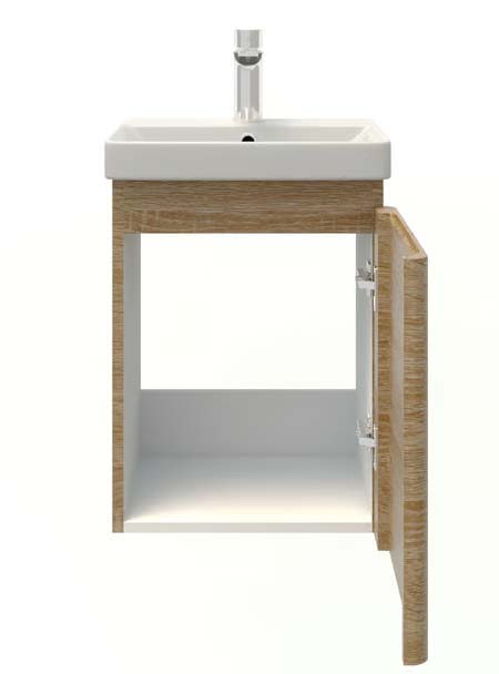 Wooden bathroom vanity with a white sink and chrome faucet; cabinet door is open to reveal empty storage space.