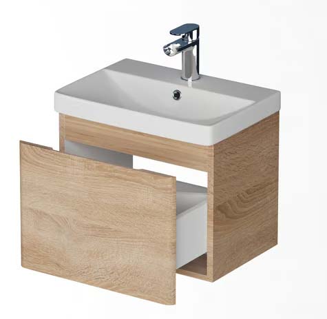 Bathroom vanity with white sink and wooden cabinet; the lower drawer is pulled out to show storage space behind it.