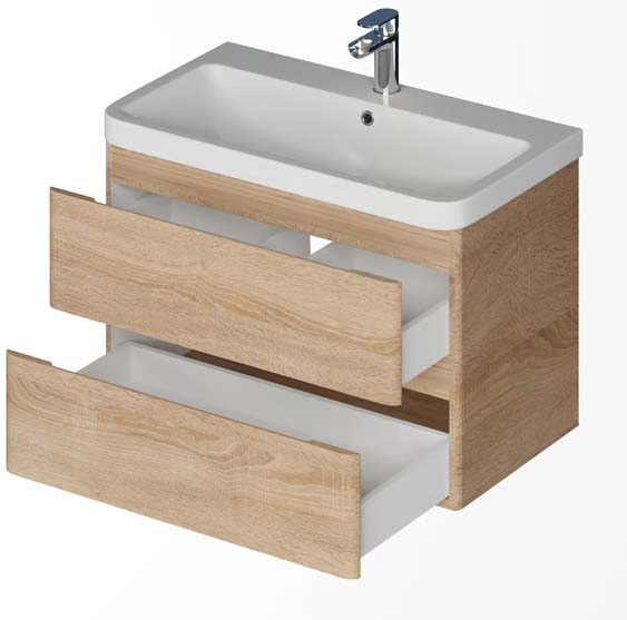Wooden bathroom vanity with a white rectangular sink and three open drawers.