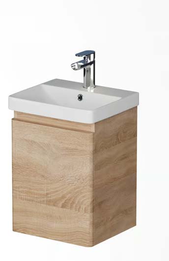 Wooden freestanding bathroom vanity with a white rectangular sink and chrome faucet.