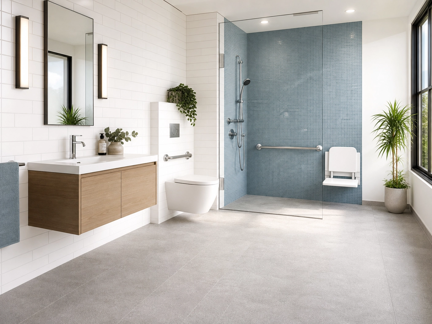 Bright accessible bathroom with wall-mounted sink and wooden cabinet, toilet with grab bar, and a blue-tiled walk-in shower behind a glass partition.