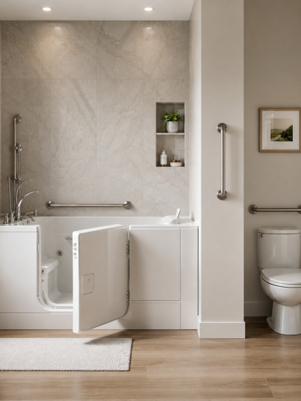 bathroomsuites Accessible bathroom featuring a walk-in tub with multiple grab bars and a front-loading washer/dryer unit beside the tub near a large window