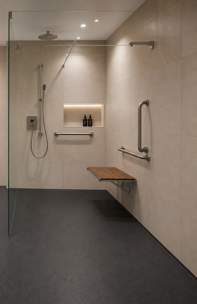 Accessible shower with glass partition, overhead rain shower, handheld wand, wall grab bars, a wooden bench, and a recessed shelf holding two bottles of products.