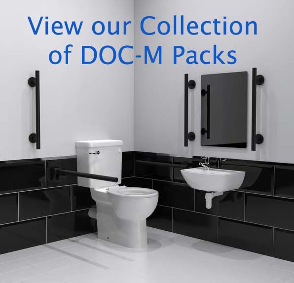 Showroom bathroom with a white toilet and wall-mounted sink, black tile walls, and blue promo text above reading 'View our Collection of DOC-M Packs'.
