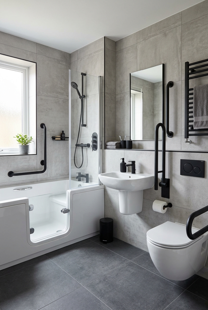 Accessible bathroom with a walk-in shower, black grab bars, wall-mounted controls, and a pedestal sink in a gray tiled room.