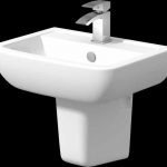 White ceramic pedestal sink with a chrome faucet, set against a black background, showcasing a modern bathroom fixture.