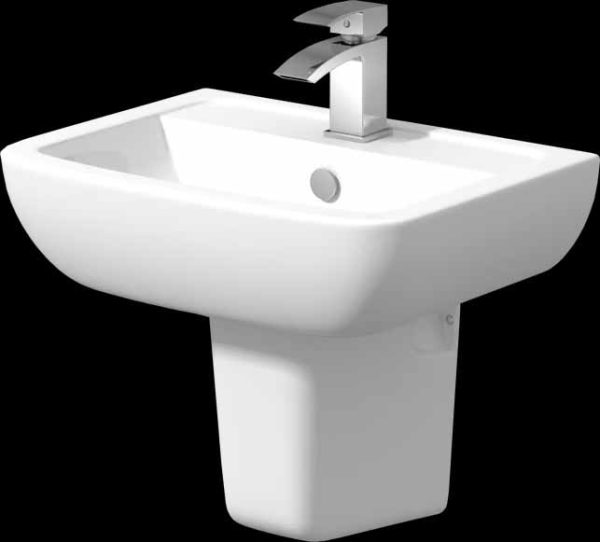 White ceramic pedestal sink with a chrome faucet, set against a black background, showcasing a modern bathroom fixture.