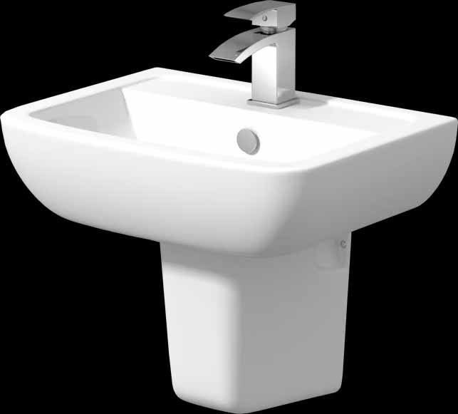 White ceramic pedestal sink with a chrome faucet, set against a black background, showcasing a modern bathroom fixture.