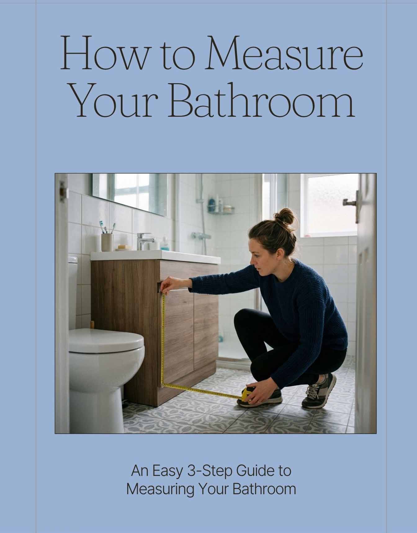 Woman kneeling in a bathroom, measuring with a tape measure next to a wooden vanity for a bathroom-measuring guide image (How to Measure Your Bathroom).