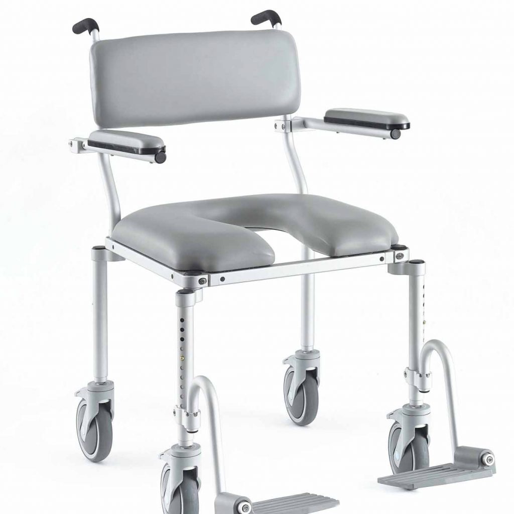 A rolling shower chair