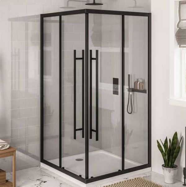 Black-framed glass shower enclosure with two sliding doors in a modern bathroom; rainfall showerhead and handheld shower visible inside.