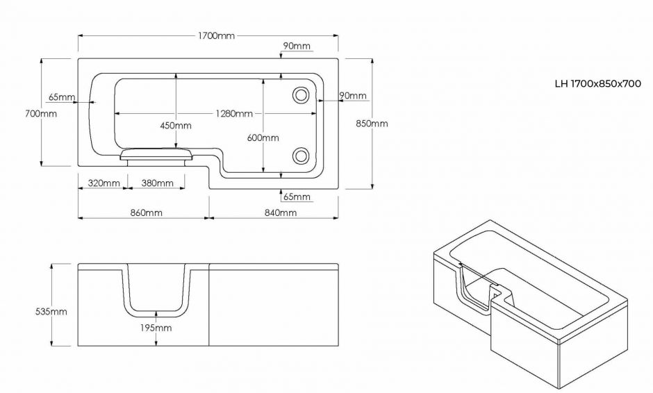 Engineering drawing of a rectangular bathtub with outer frame sized 1700x850x700 mm and inner tub layout.