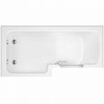 Top-down view of a white rectangular bathtub with an integrated seating ledge on the left and a chrome faucet along the right edge.