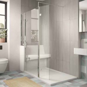 complete walk-in shower enclosure with seat and shower can be installed in one days - using existing pipework
