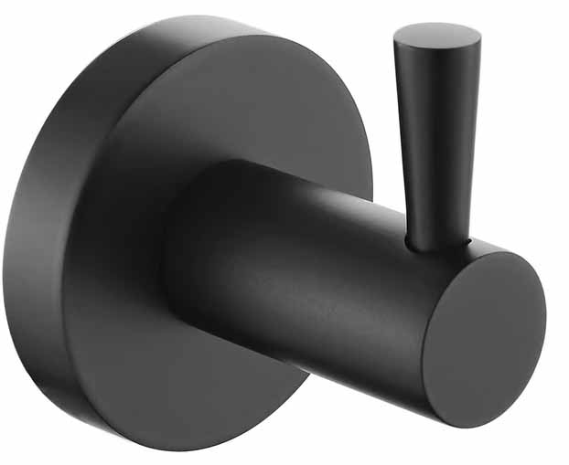 Wall-mounted dark metal coat or towel hook with a circular base and a short cylindrical hook projecting outward.